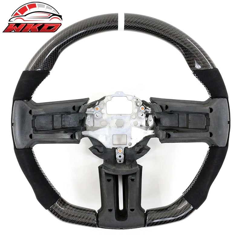 Fit 10-14 Ford Mustang Steering Wheel Carbon Fiber Alcantara White Stitch & Ring