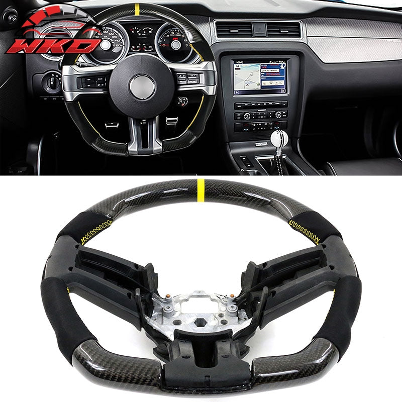 Fits 10-14 Ford Mustang Steering Wheel Carbon Fiber CF Alcantara Yellow Ring