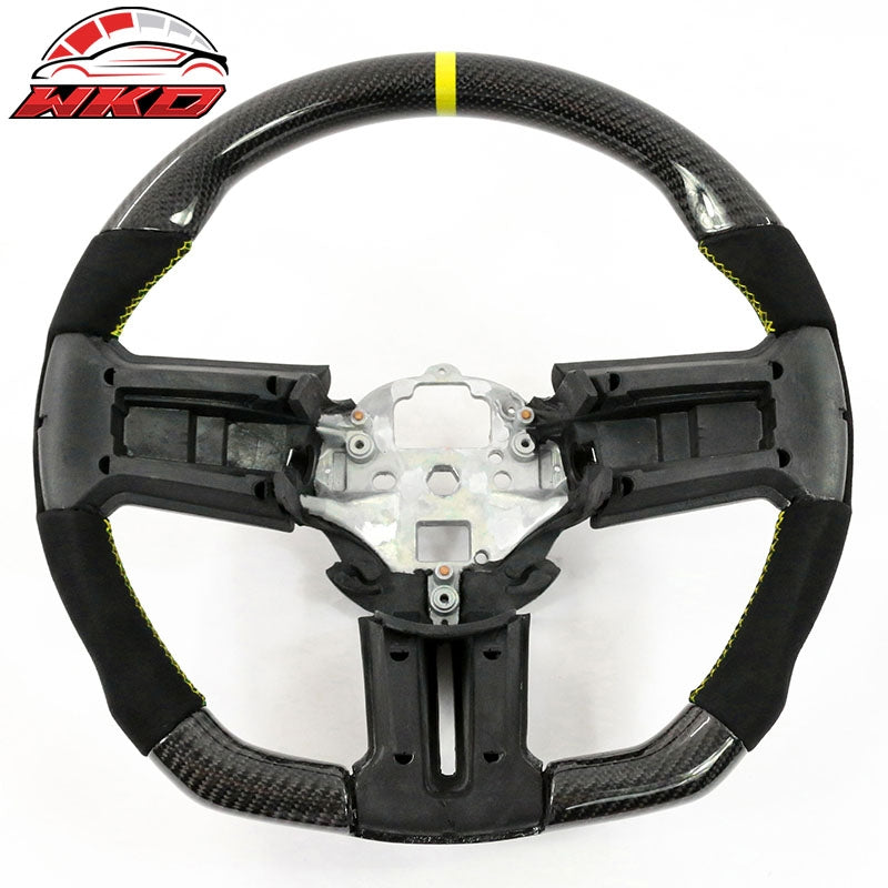 Fits 10-14 Ford Mustang Steering Wheel Carbon Fiber CF Alcantara Yellow Ring