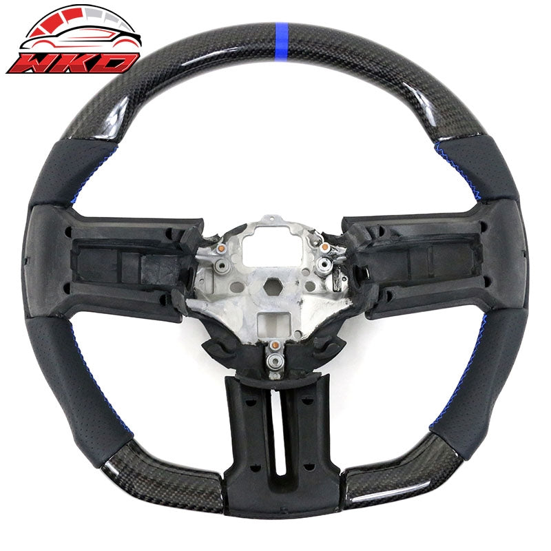 Fit 10-14 Ford Mustang Steering Wheel Carbon Fiber Leather Blue Stitch & Ring