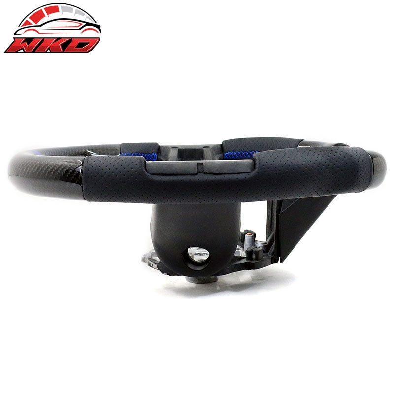 Fit 10-14 Ford Mustang Steering Wheel Carbon Fiber Leather Blue Stitch & Ring