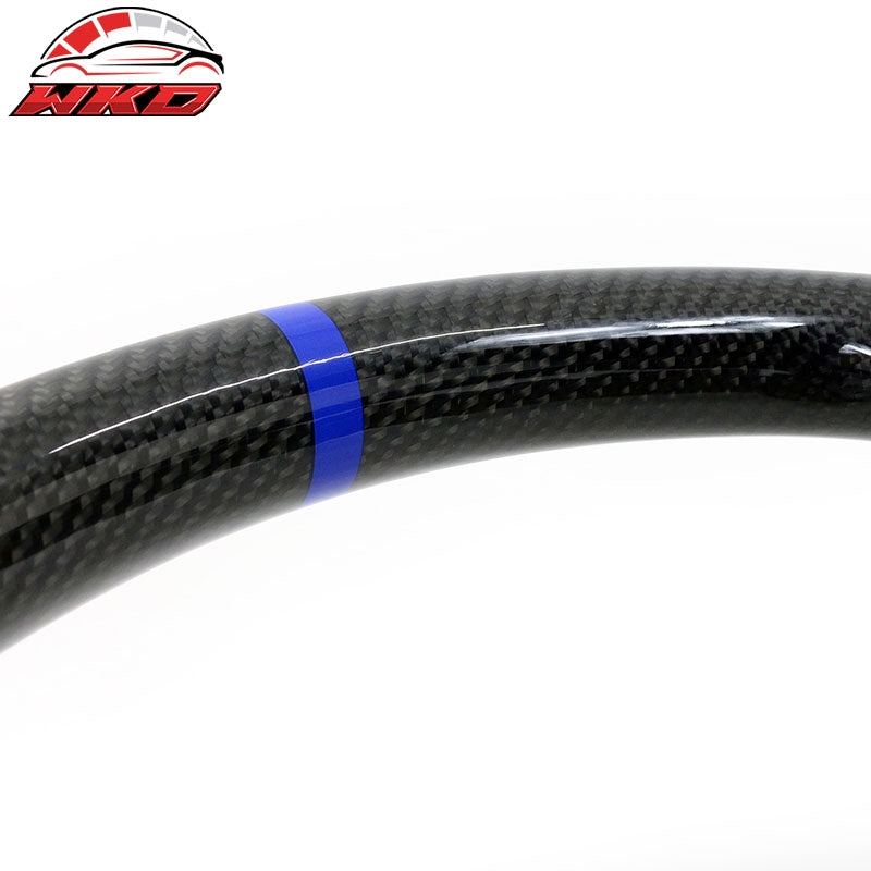 Fit 10-14 Ford Mustang Steering Wheel Carbon Fiber Leather Blue Stitch & Ring