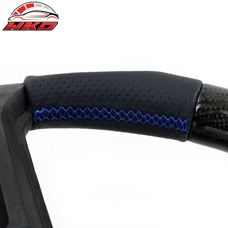 Fit 10-14 Ford Mustang Steering Wheel Carbon Fiber Leather Blue Stitch & Ring