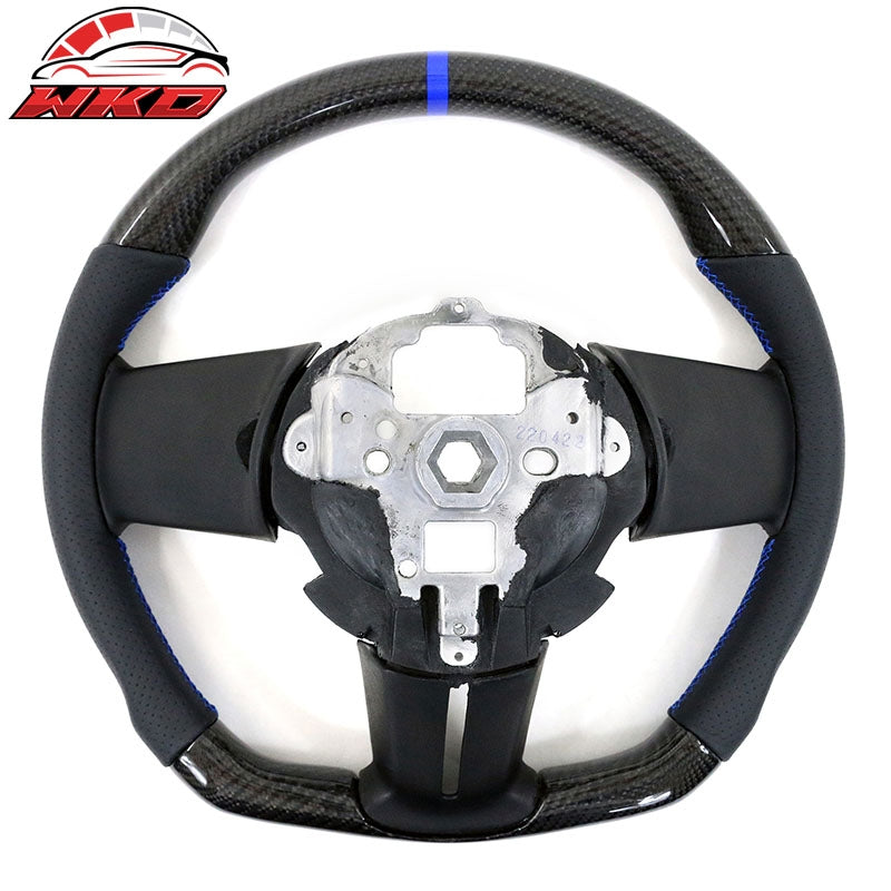 Fit 10-14 Ford Mustang Steering Wheel Carbon Fiber Leather Blue Stitch & Ring