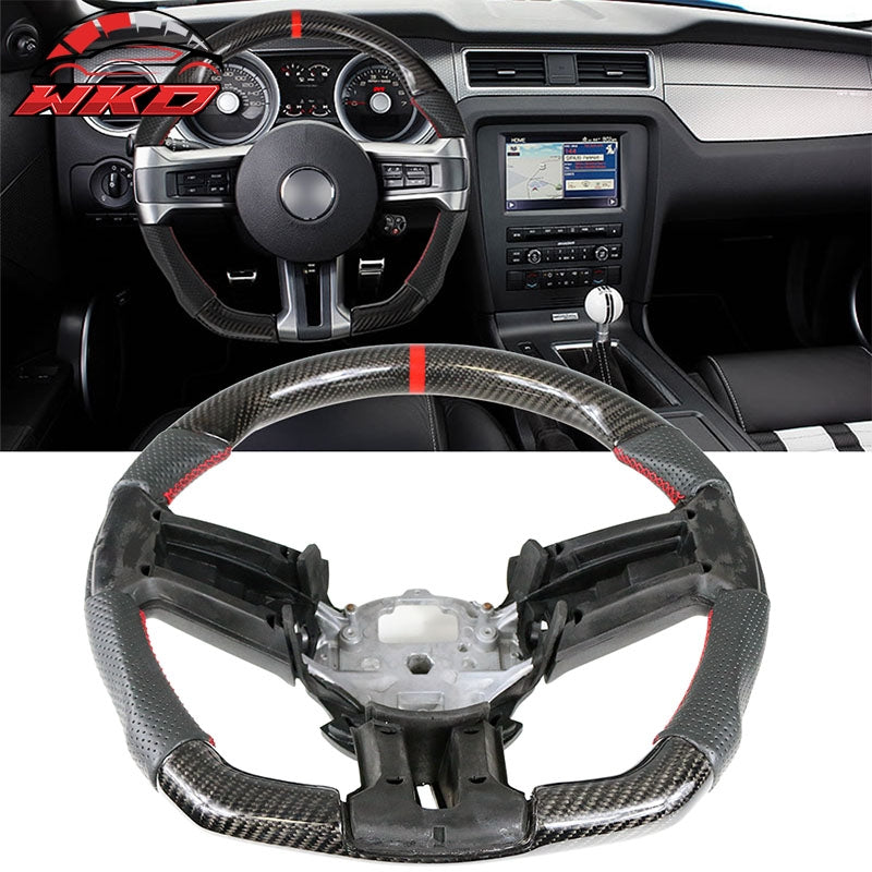 Fit 10-14 Ford Mustang Steering Wheel Carbon Fiber Leather Red Stitch & Ring