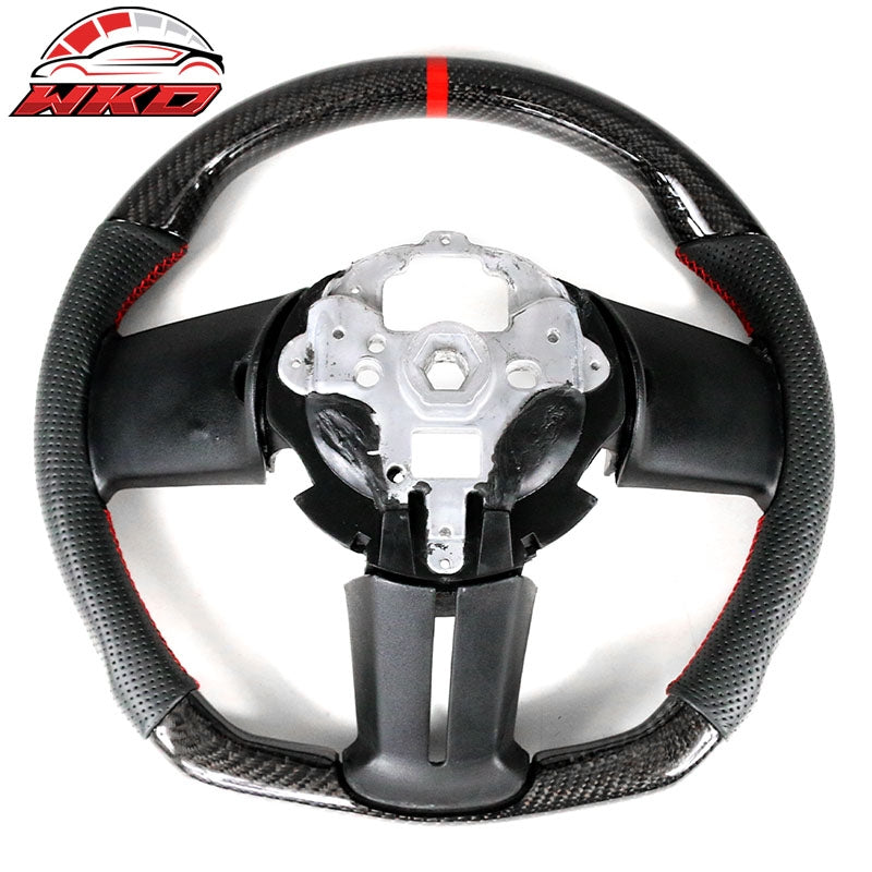 Fit 10-14 Ford Mustang Steering Wheel Carbon Fiber Leather Red Stitch & Ring