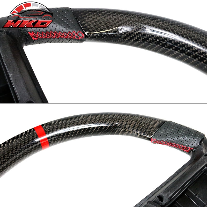 Fit 10-14 Ford Mustang Steering Wheel Carbon Fiber Leather Red Stitch & Ring