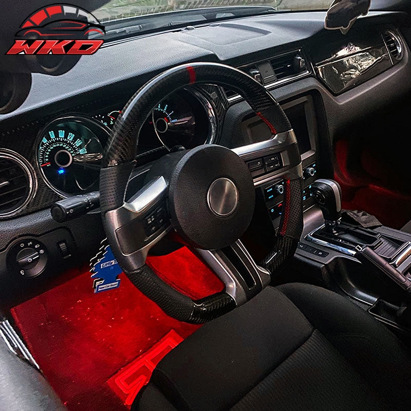 Fit 10-14 Ford Mustang Steering Wheel Carbon Fiber Leather Red Stitch & Ring