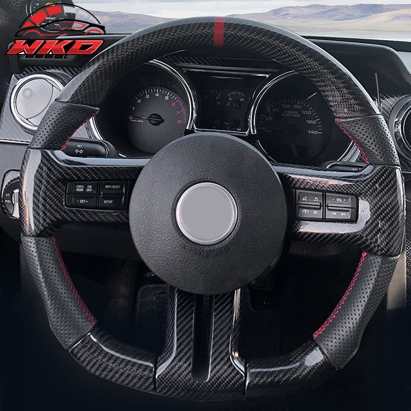 Fit 10-14 Ford Mustang Steering Wheel Carbon Fiber Leather Red Stitch & Ring