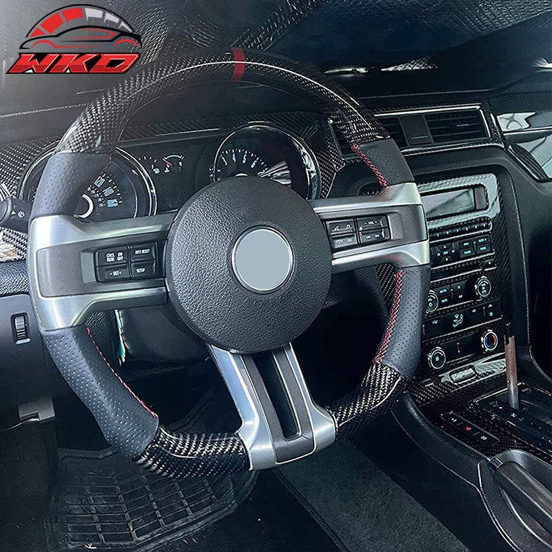 Fit 10-14 Ford Mustang Steering Wheel Carbon Fiber Leather Red Stitch & Ring