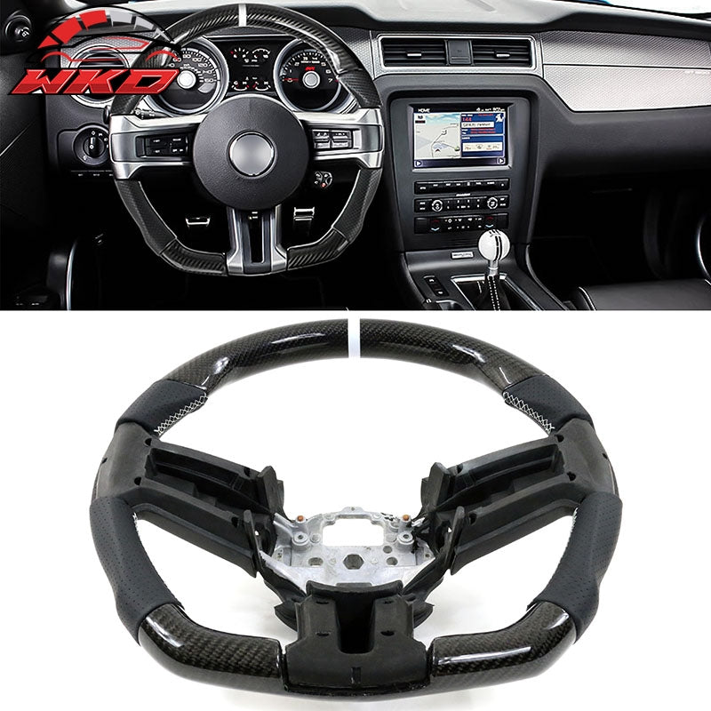 Fit 10-14 Ford Mustang Steering Wheel Carbon Fiber Leather White Stitch & Ring