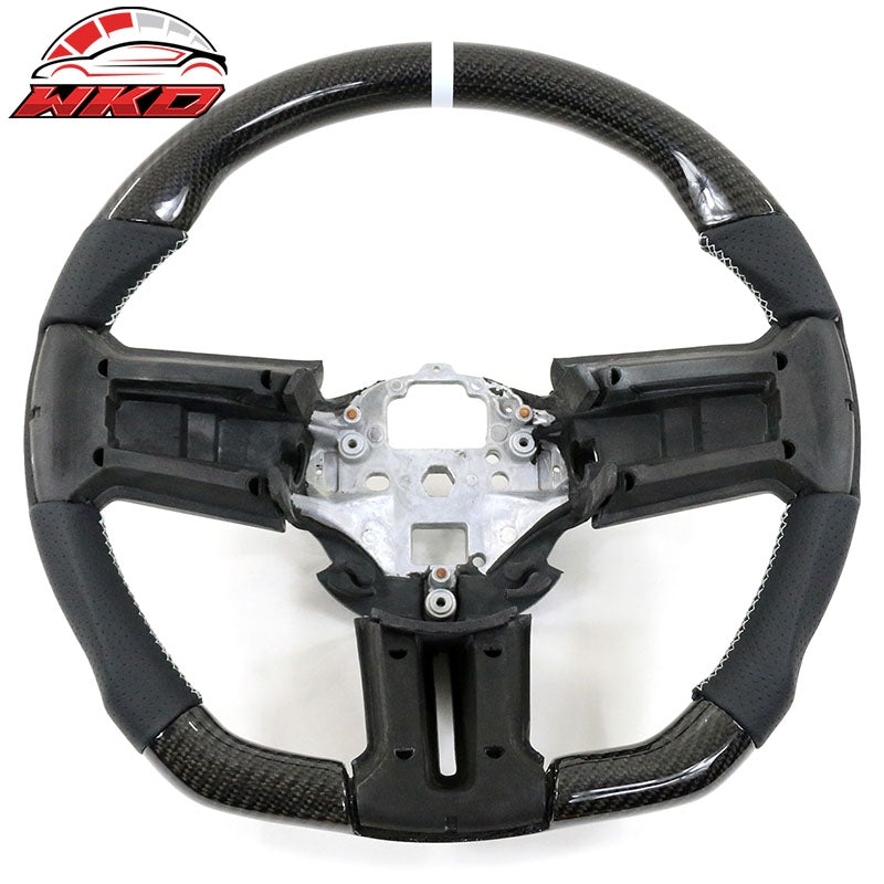 Fit 10-14 Ford Mustang Steering Wheel Carbon Fiber Leather White Stitch & Ring