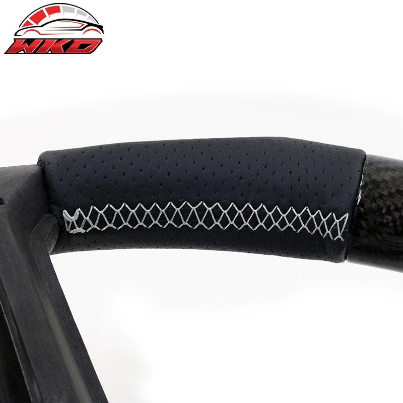 Fit 10-14 Ford Mustang Steering Wheel Carbon Fiber Leather White Stitch & Ring