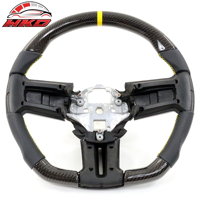 Fit 10-14 Ford Mustang Steering Wheel Carbon Fiber Leather Yellow Stitch & Ring