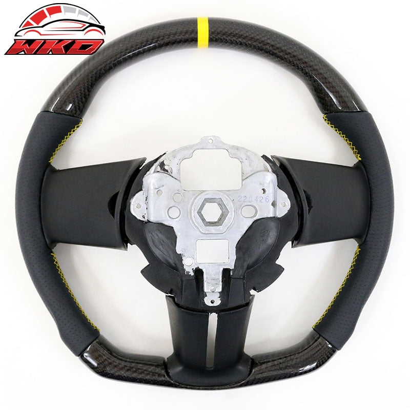 Fit 10-14 Ford Mustang Steering Wheel Carbon Fiber Leather Yellow Stitch & Ring