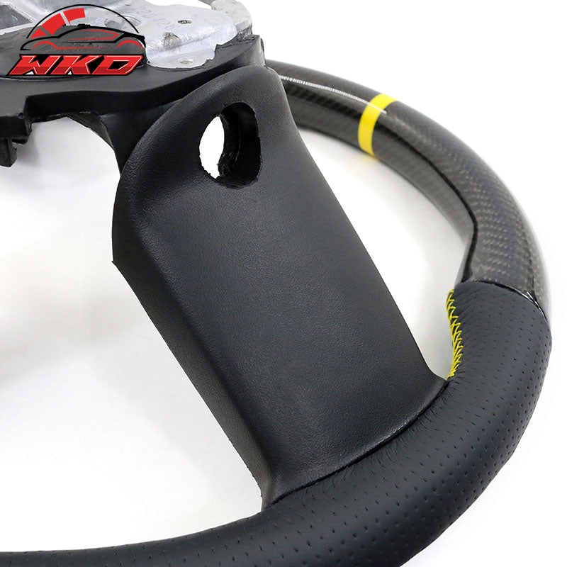 Fit 10-14 Ford Mustang Steering Wheel Carbon Fiber Leather Yellow Stitch & Ring