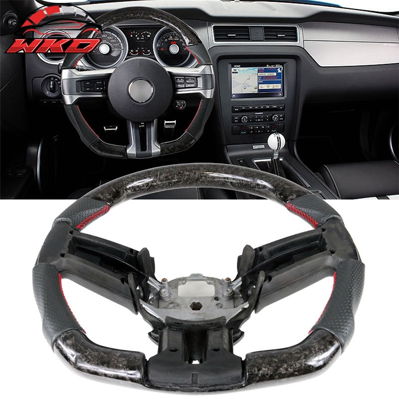 Fit 10-14 Ford Mustang Steering Wheel Forged Carbon Fiber Leather Red Stitch