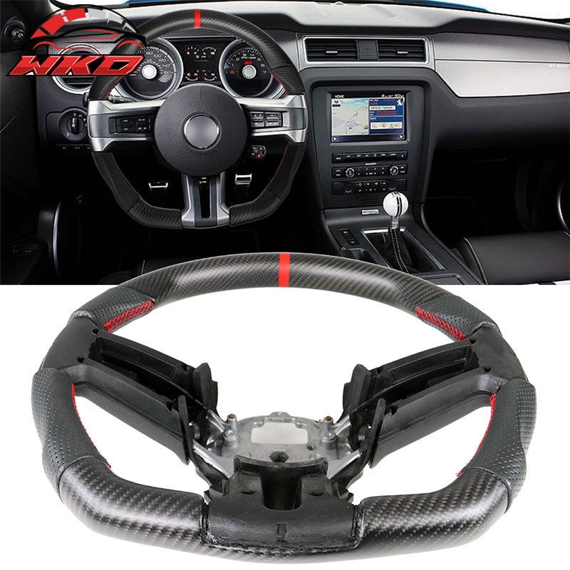 Fits 10-14 Ford Mustang Steering Wheel Matte Carbon Fiber W/Leather Red Ring