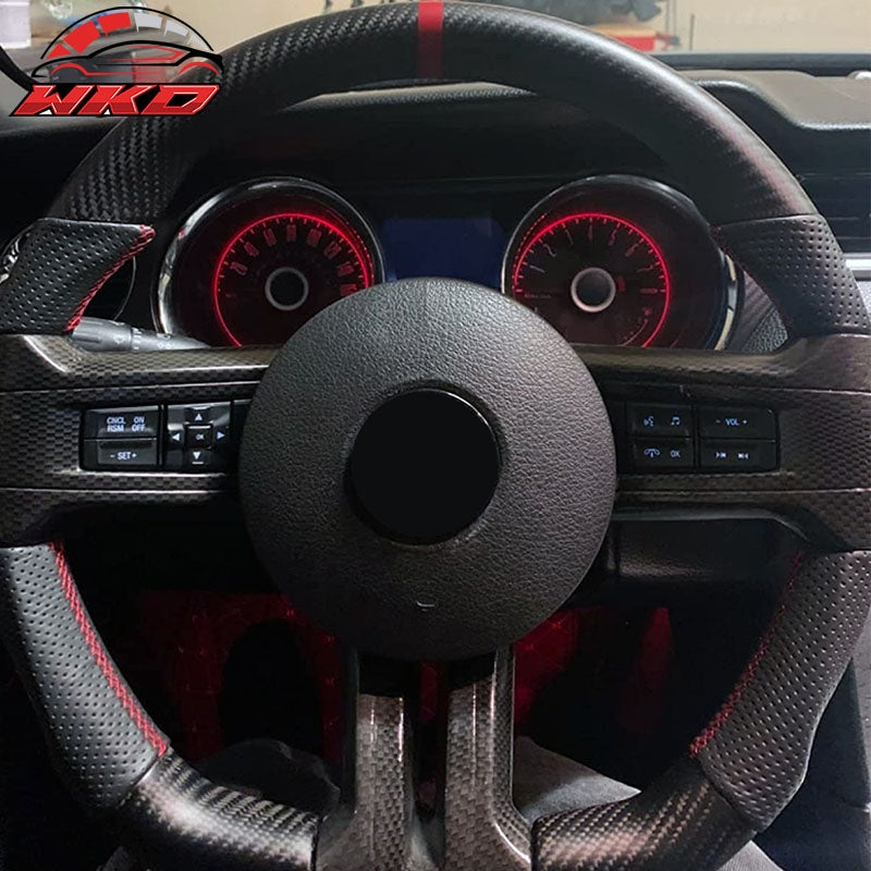 Fits 10-14 Ford Mustang Steering Wheel Matte Carbon Fiber W/Leather Red Ring