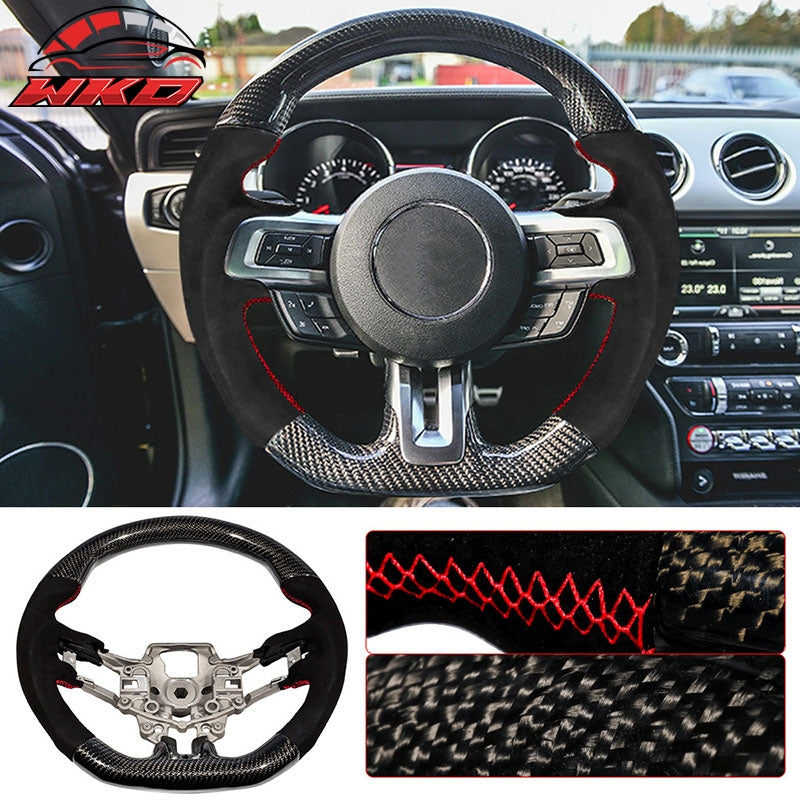 Fits 15-17 Mustang V1 Steering Wheel Carbon Fiber with Alcantara Red Stitching