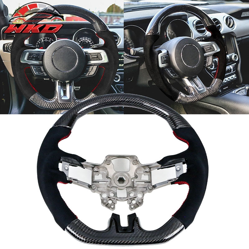 Fits 18-23 Ford Mustang Carbon Fiber & Alcantara Steering Wheel w/ Red Stitching