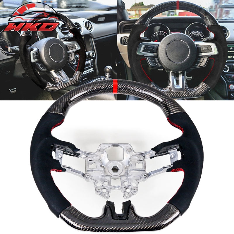 Fits 18-23 Ford Mustang V3 Style Carbon Fiber Steering Wheel Red Stitching Ring