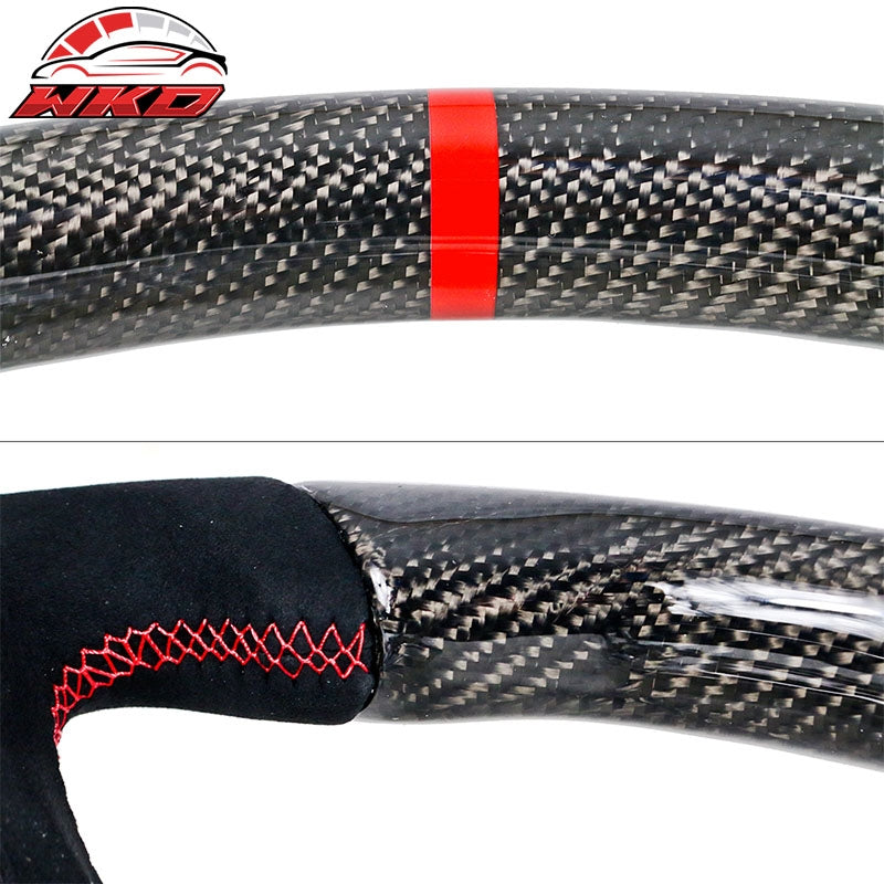 Fits 18-23 Ford Mustang V3 Style Carbon Fiber Steering Wheel Red Stitching Ring