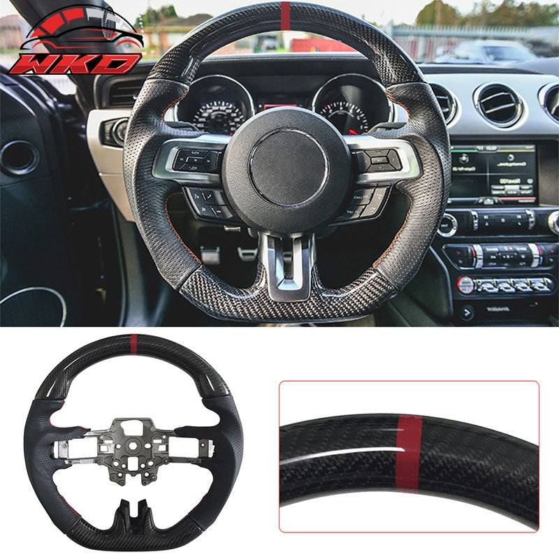 Fits 15-17 Mustang V4 Style Carbon Fiber Leather Steering Wheel W/Black Red Ring