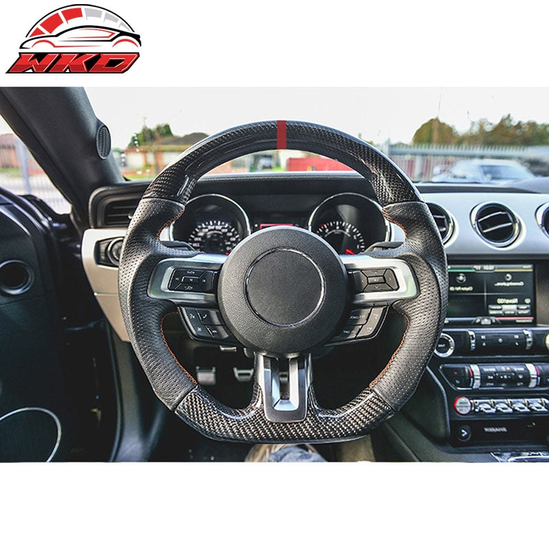 Fits 15-17 Mustang V4 Style Carbon Fiber Leather Steering Wheel W/Black Red Ring