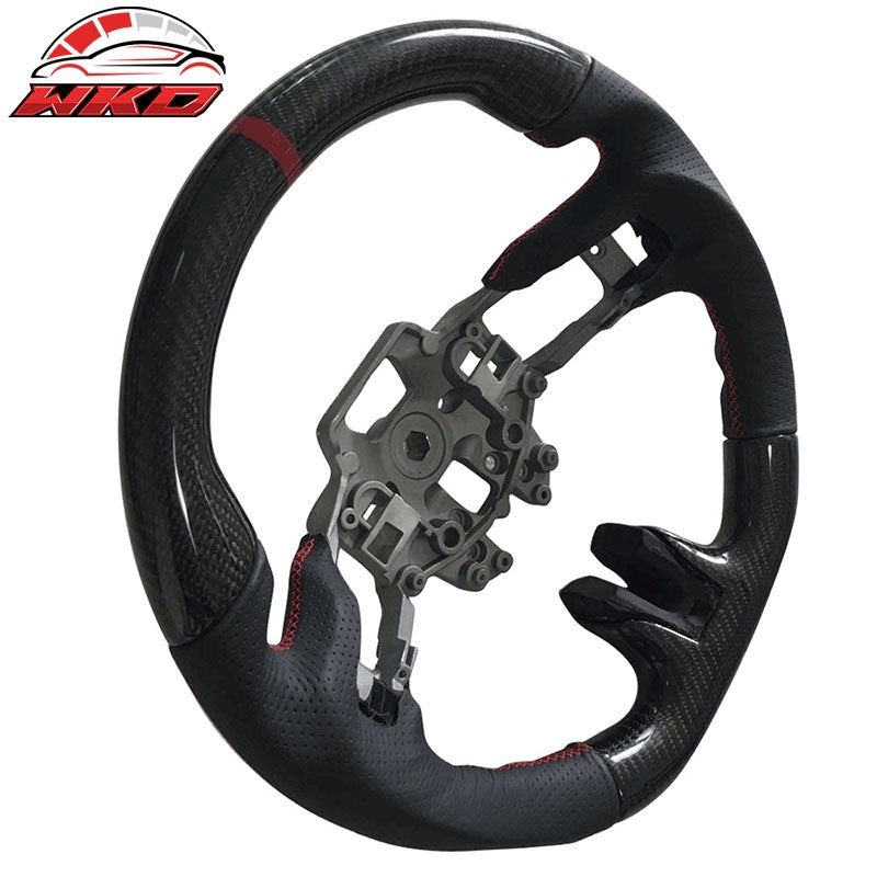 Fits 15-17 Mustang V4 Style Carbon Fiber Leather Steering Wheel W/Black Red Ring
