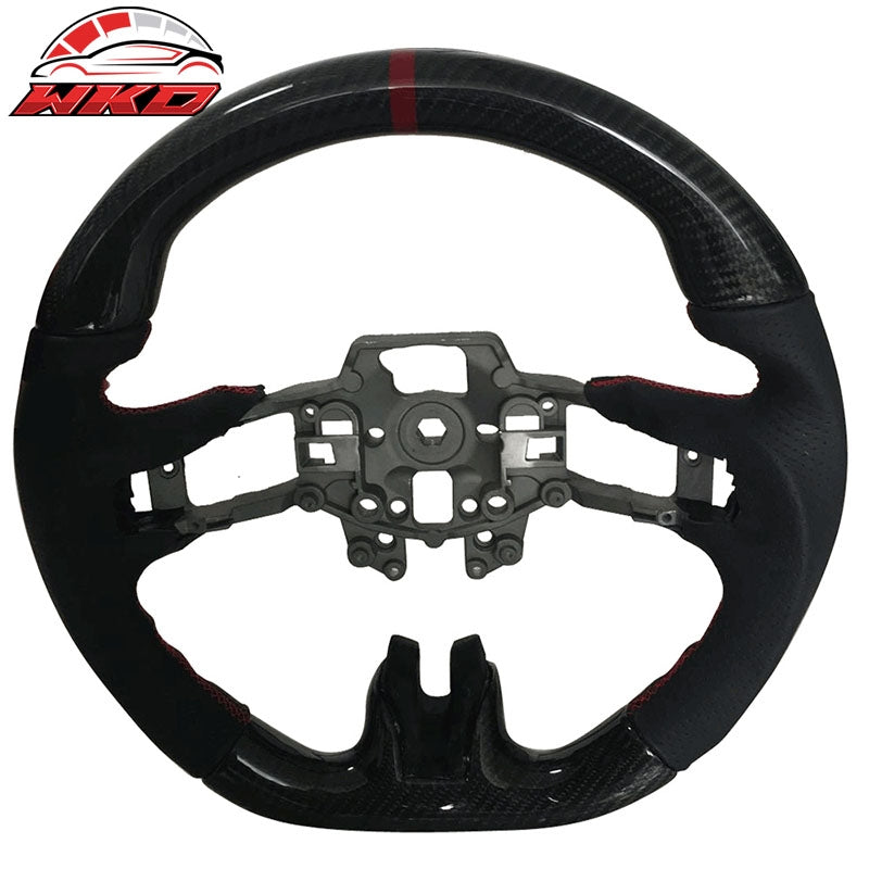Fits 15-17 Mustang V4 Style Carbon Fiber Leather Steering Wheel W/Black Red Ring