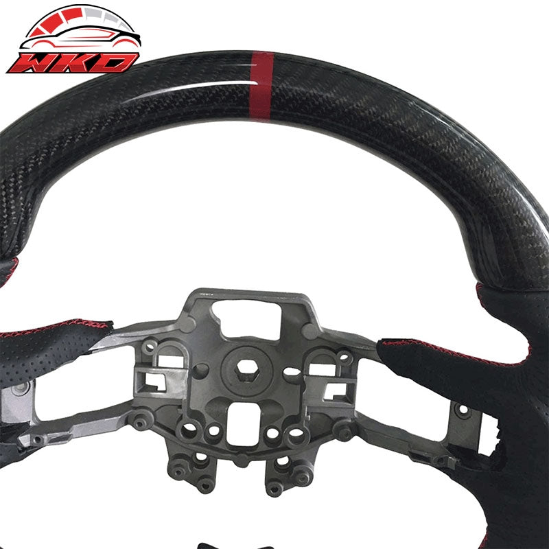 Fits 15-17 Mustang V4 Style Carbon Fiber Leather Steering Wheel W/Black Red Ring