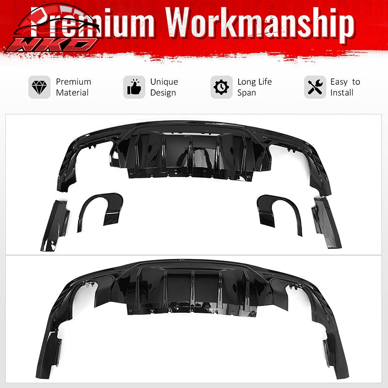 Fits 24-26 Ford Mustang V6/GT Rear Bumper Diffuser Rock Style Gloss Black Lip