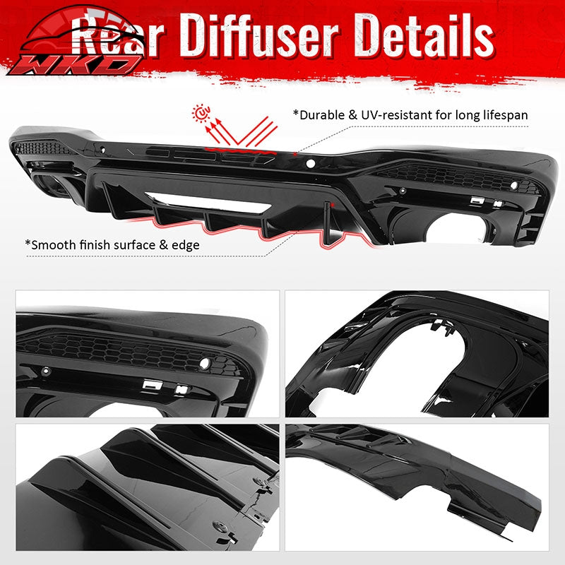 Fits 24-26 Ford Mustang V6/GT Rear Bumper Diffuser Rock Style Gloss Black Lip