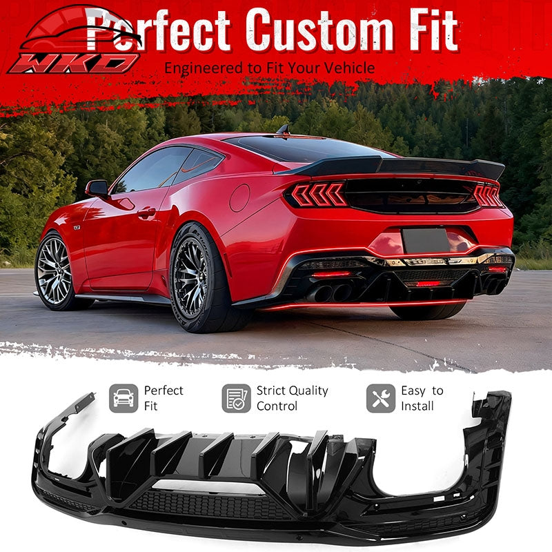 Fits 24-26 Ford Mustang V6/GT Rear Bumper Diffuser Speed Style Gloss Black Lip
