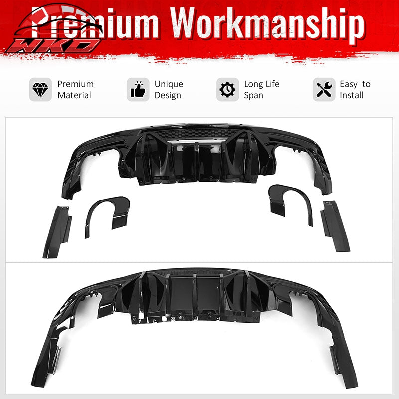 Fits 24-26 Ford Mustang V6/GT Rear Bumper Diffuser Speed Style Gloss Black Lip