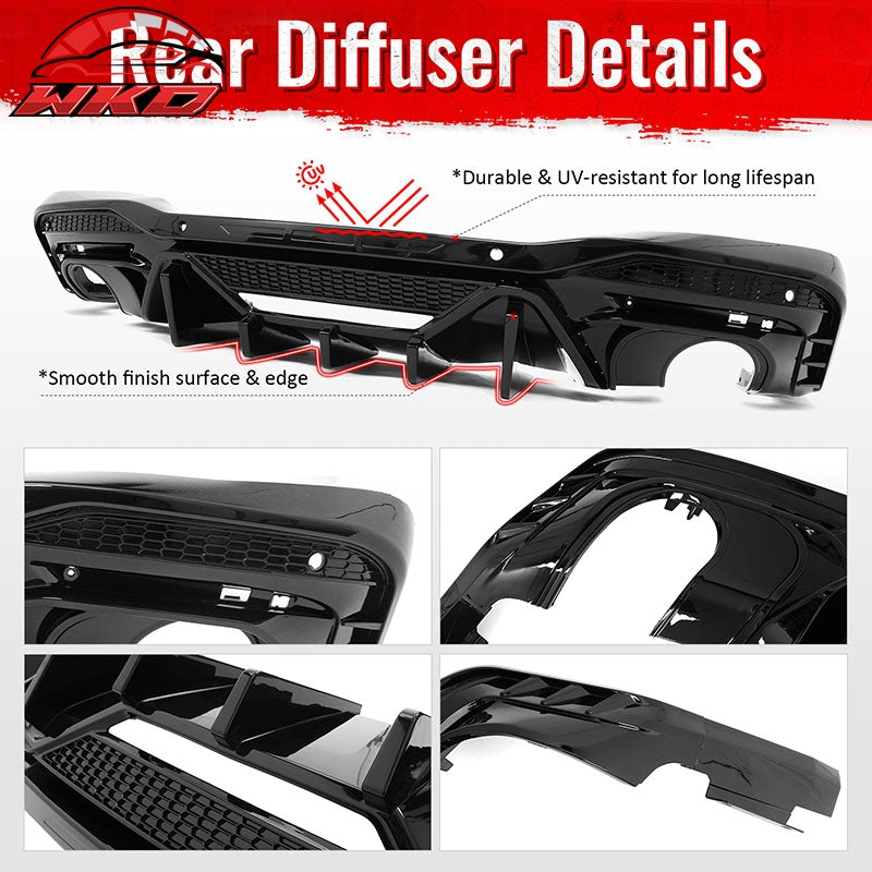 Fits 24-26 Ford Mustang V6/GT Rear Bumper Diffuser Speed Style Gloss Black Lip