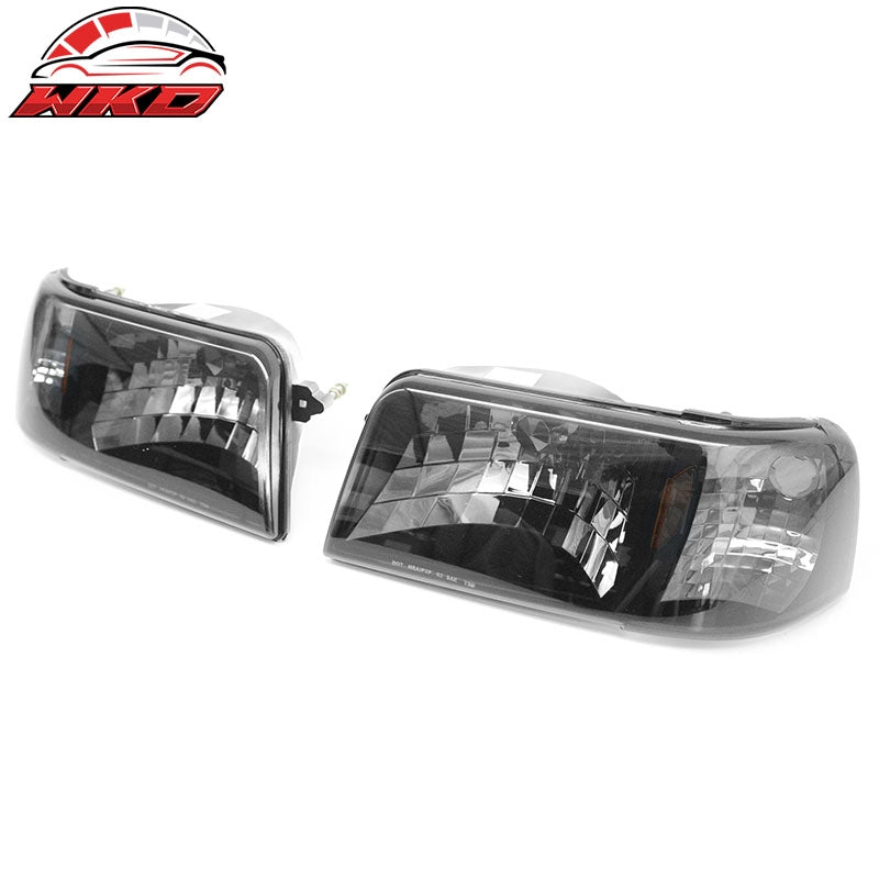 Fits 93-97 Ford Ranger Front Headlights Head Lights W/Smoke Lens Amber Reflector