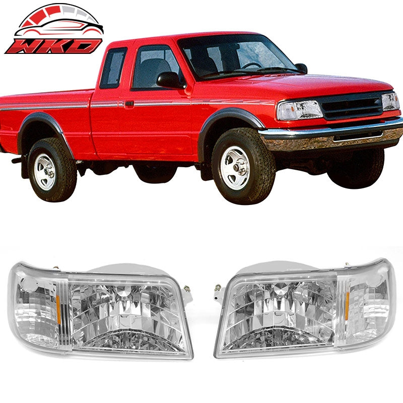 Wholesale 93-97 Ford Ranger Headlights W/Chrome Housing Clear Lens Amber Reflector