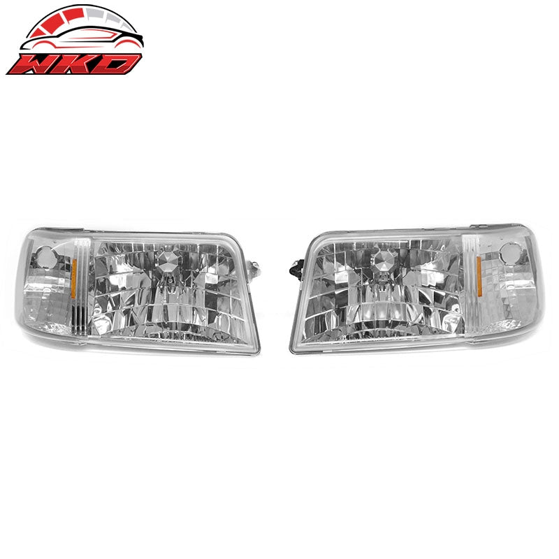 Fits 93-97 Ford Ranger Headlights W/Chrome Housing Clear Lens Amber Reflector