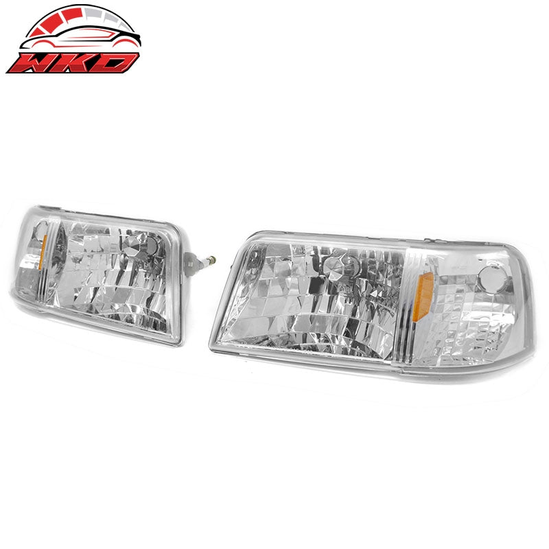 Fits 93-97 Ford Ranger Headlights W/Chrome Housing Clear Lens Amber Reflector