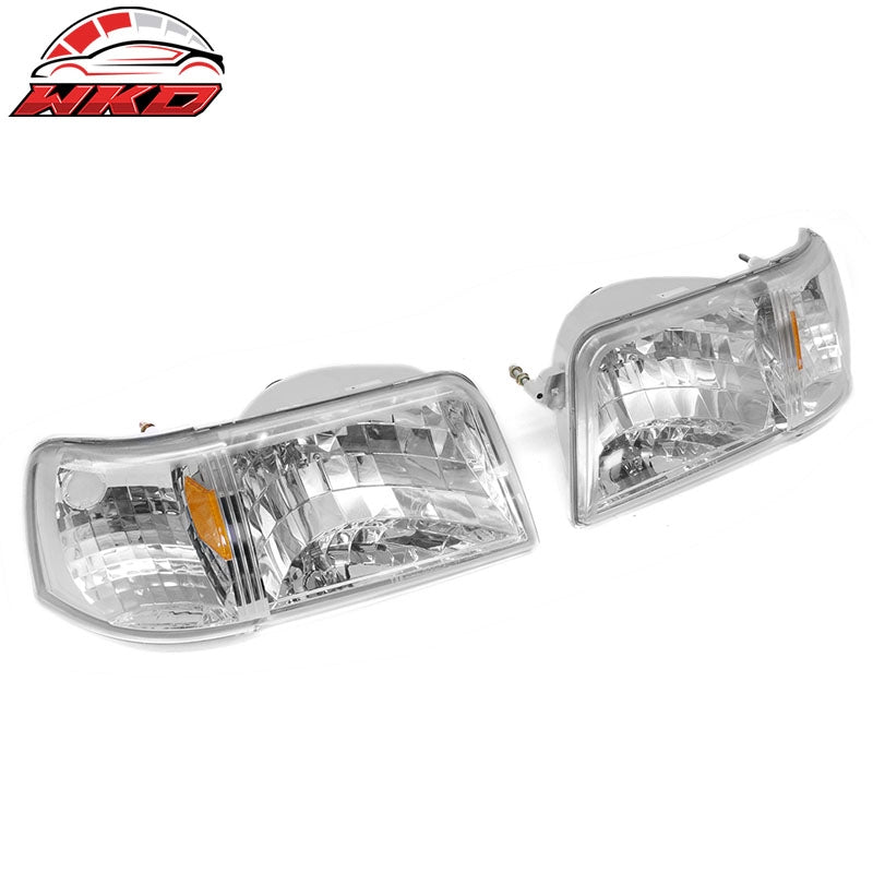 Fits 93-97 Ford Ranger Headlights W/Chrome Housing Clear Lens Amber Reflector