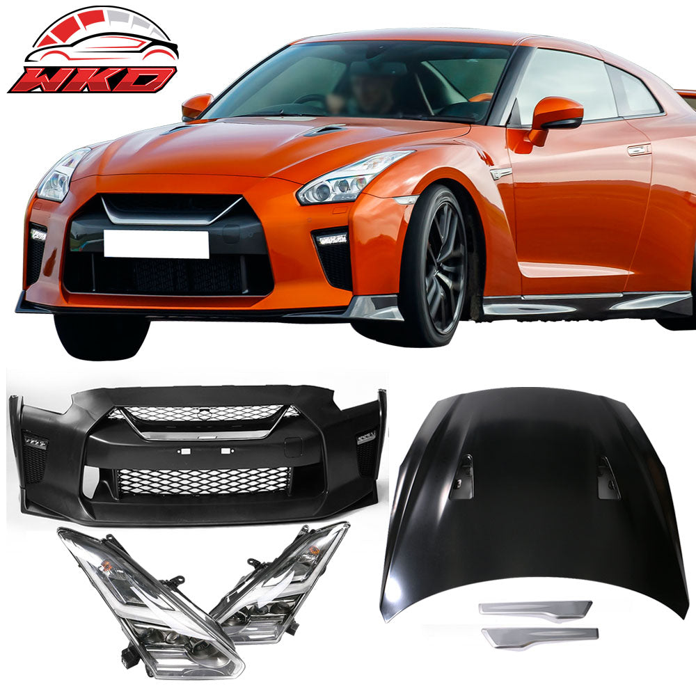 Fits 09-24 Nissan R35 GTR GT-R Front Bumper Cover & Front Hood & 2PCS Headlights