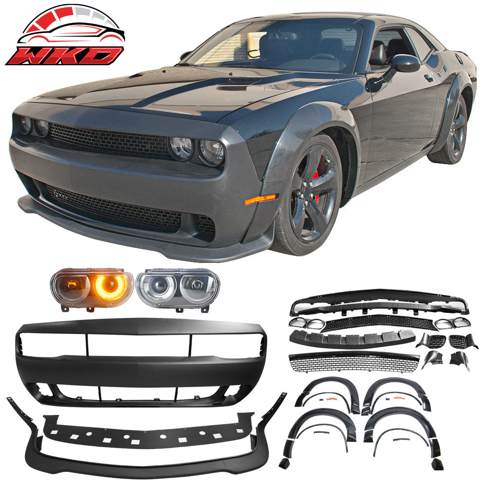 Fits 08-14 Challenger Front Bumper Cover + SRT Lip + Fender Flares + Headlights
