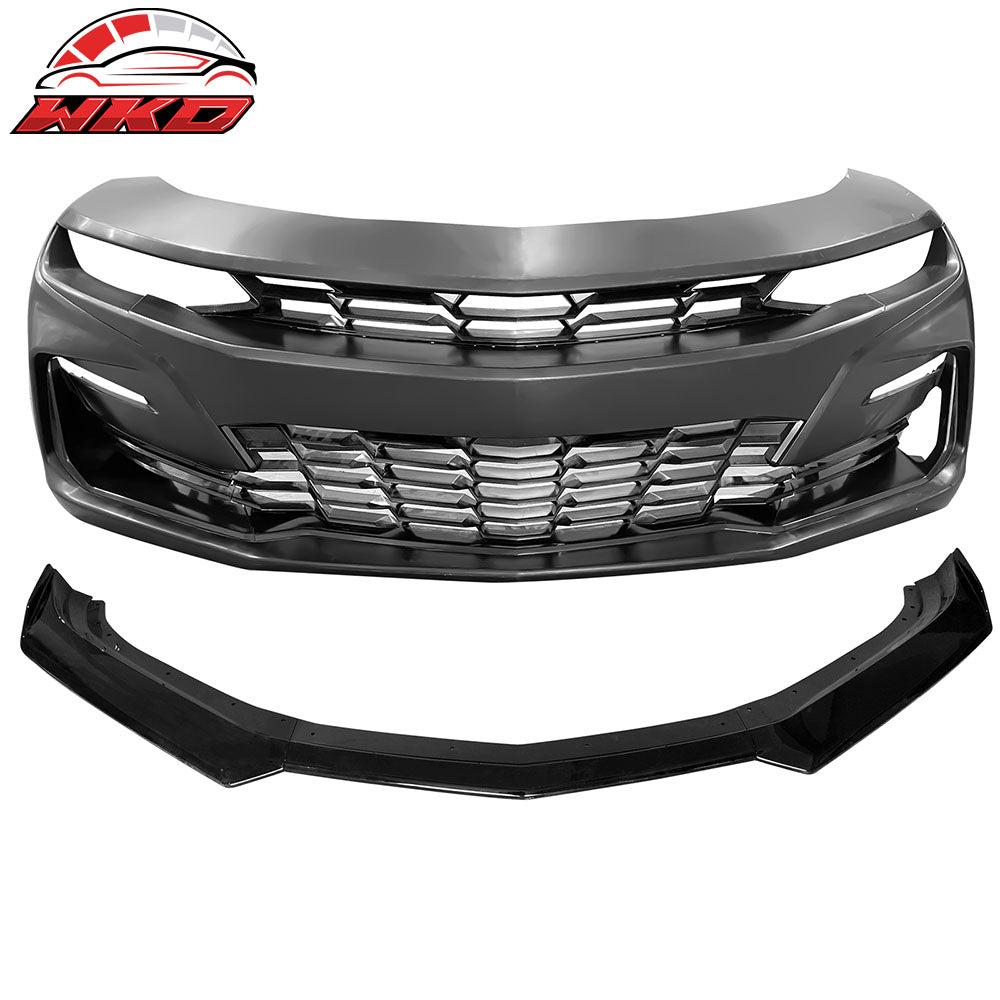 Fits 19-24 Camaro 19 SS Front Bumper Cover LED Turn Signal DRL + Gloss Black Lip