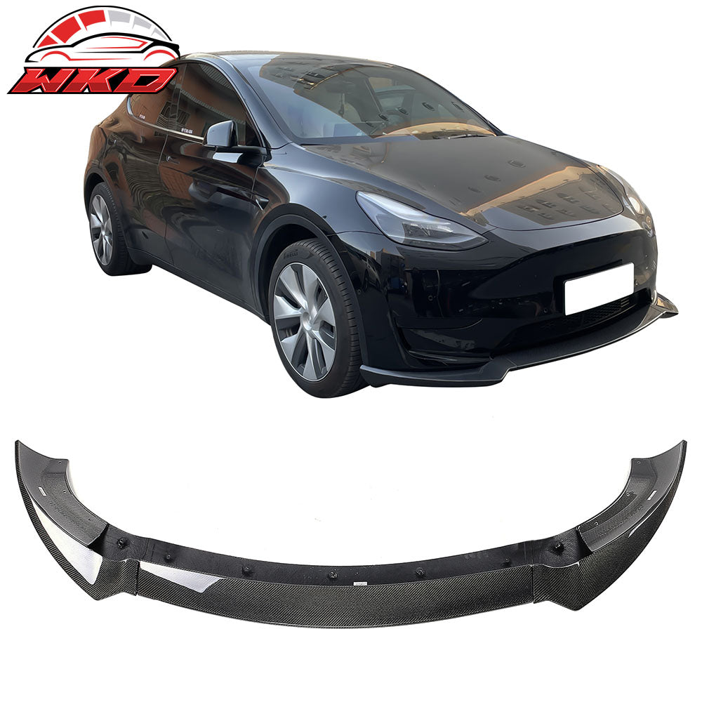 Fits 20-25 Tesla Y Track Pack Carbon Fiber Gloss Black Front Bumper Lip - 3PCS