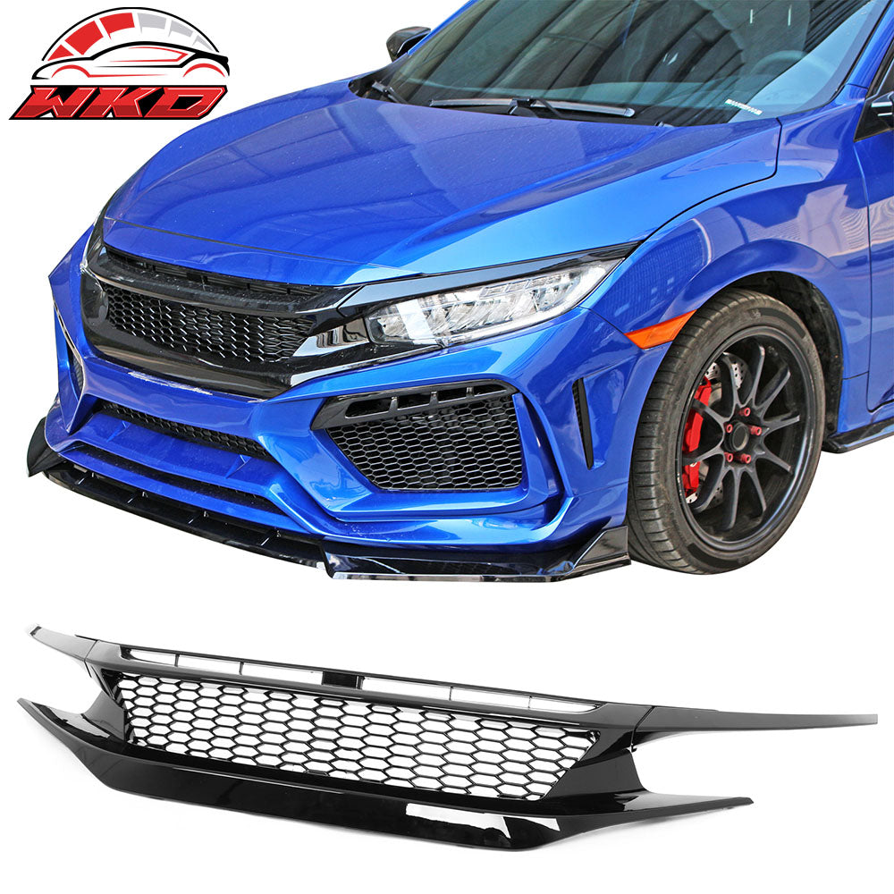 Fits 19-21 Honda Civic Sedan Honeycomb Gloss Black Front Bumper Upper Grille ABS