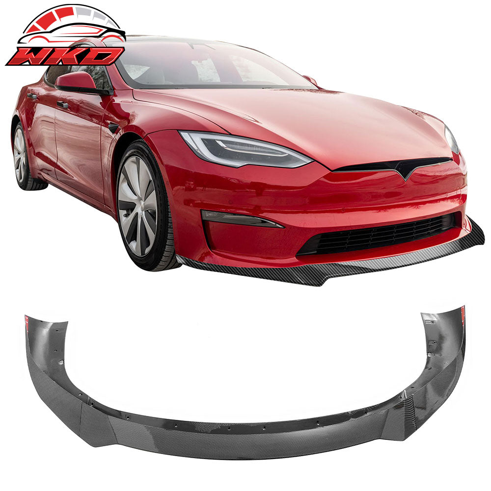 Fits 21-25 Tesla Model S Track Pack Style Front Bumper Lip Carbon Fiber Print