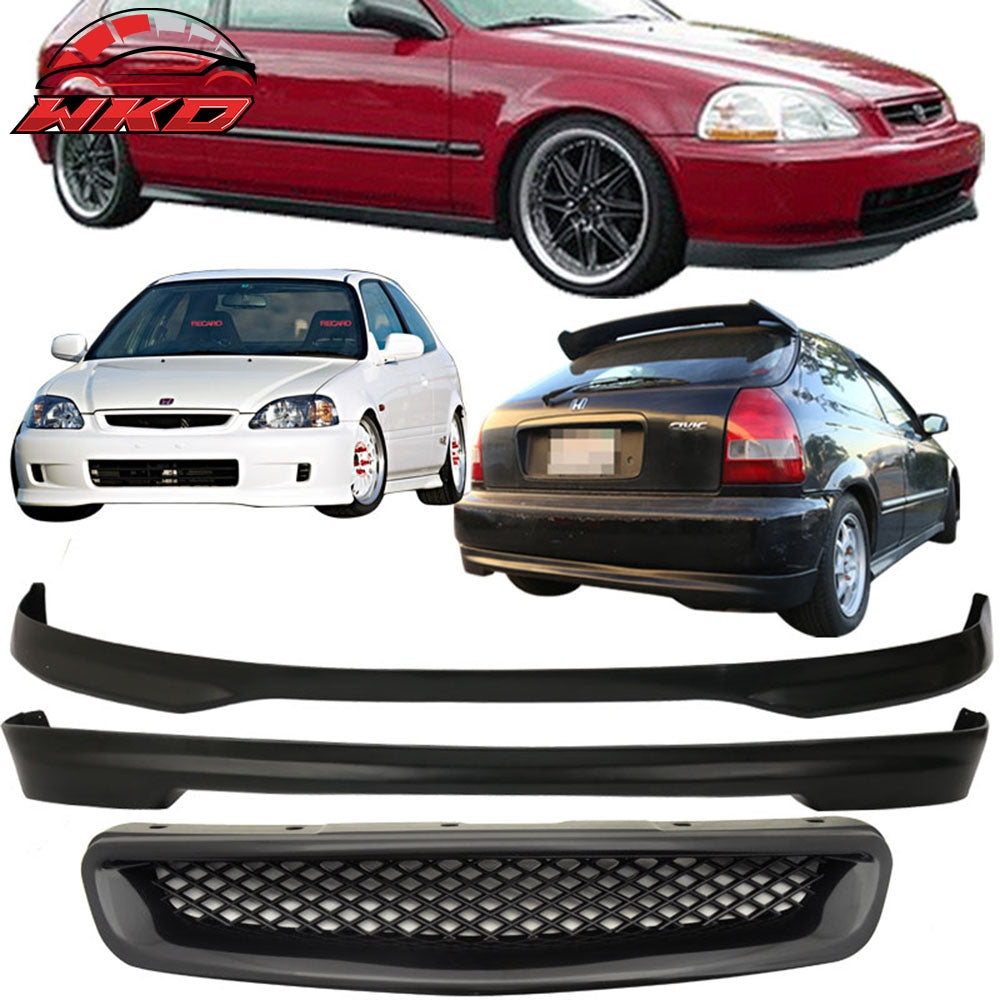 Fits 96-98 Honda Civic Hatchback TR Style Front + Rear Bumper Lip + Front Grille