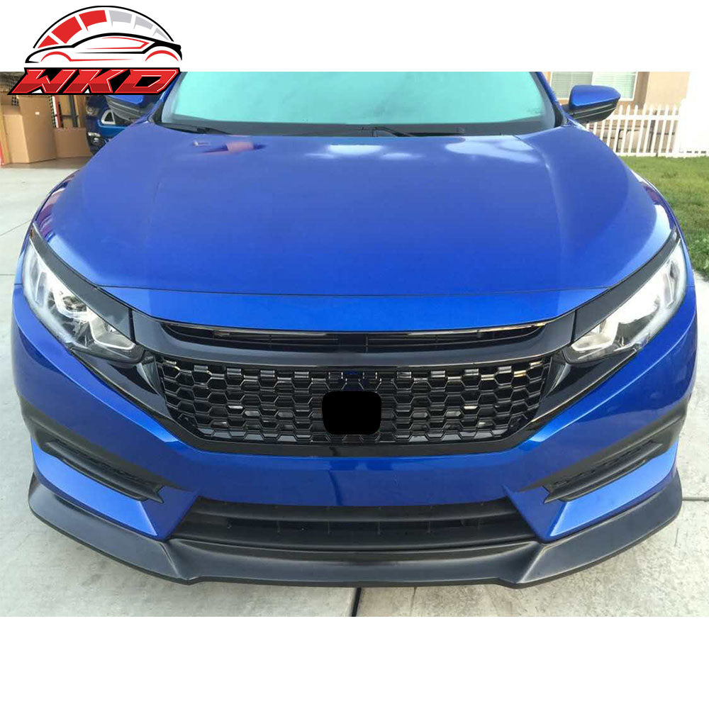 Fits 16-18 Honda Civic IKON GT Style Front Bumper Lip PU + Front Hood Grille ABS